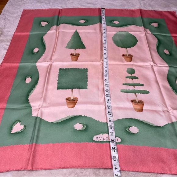 BVLGARI 100% Silk Pink & Green Tree Topiary Print Square Scarf - Picture 8 of 8
